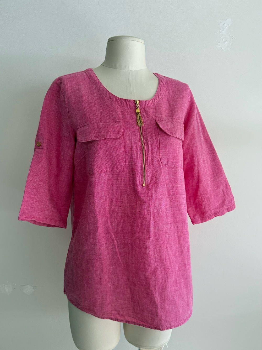 Ellen Tracy Hot Pink Zip-Front Linen-Blend Tunic - Picture 3 of 12